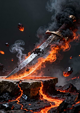 Fiery Sword on Stone Pedestal