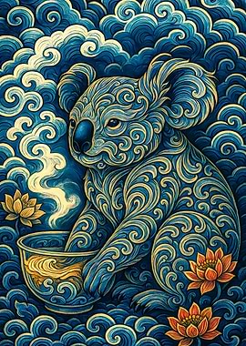 Ornate Koala with Tea Cup