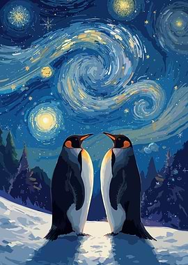 Penguins under a Starry Night Sky