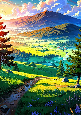 Lush Green Valley Landscape Painting