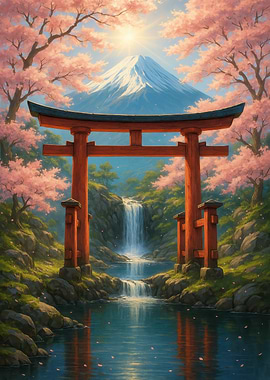 Japanese Torii Gate with Mount Fuji
