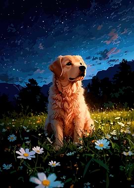 Golden Retriever in a Flower Field