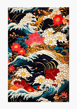 Japanese Waves and Flowers Pattern