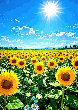 Sunflower field under a bright sun