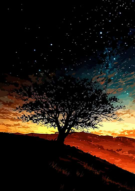 Silhouette Tree at Sunset with Stars