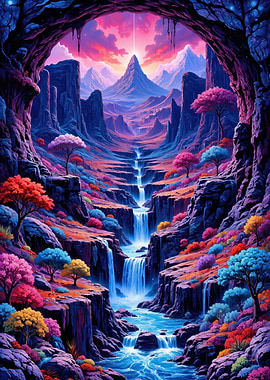 Colorful Fantasy Landscape with Waterfalls