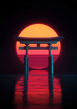Retro Japanese Torii Gate Sunset