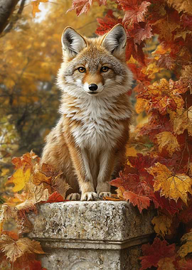Coyote Portrait with Autumn Leaves