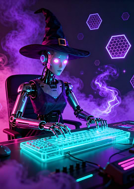 Cyberpunk Witch Robot Typing on Keyboard