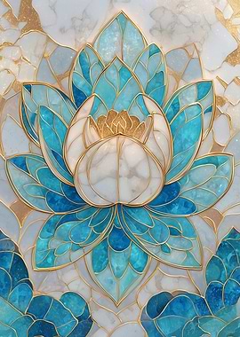 Blue and Gold Lotus Flower Art