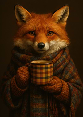Fox with Coffee Cup and Scarf