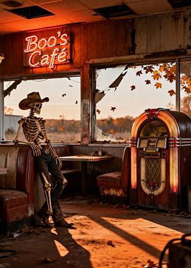 Skeleton Cowboy in Abandoned Diner