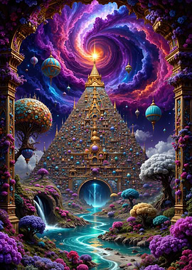 Fantasy Pyramid Landscape with Cosmic Sky