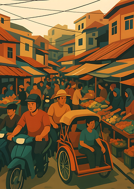 Bustling Asian Market Street Scene