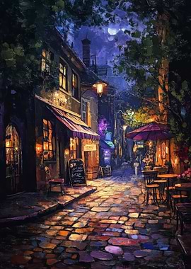 Nighttime European Street Scene Painting
