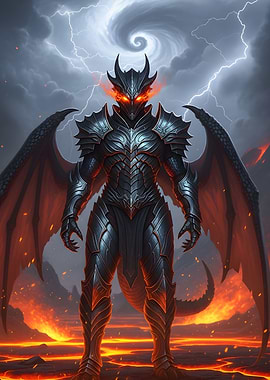 Armored Dragon Warrior in Fiery Landscape