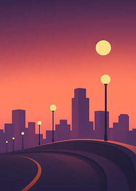 Cityscape at Sunset with Road