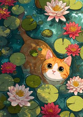 Orange Cat Swim in Lily Pond