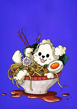 Dog in Ramen Bowl Illustration