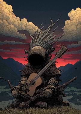 Mystical Guitarist in Mountain Landscape