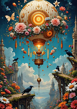 Floral Air Balloon Fantasy Landscape
