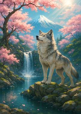 Wolf in a Cherry Blossom Landscape