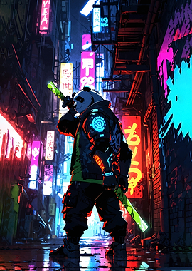 Cyberpunk Panda Warrior in Neon Alley