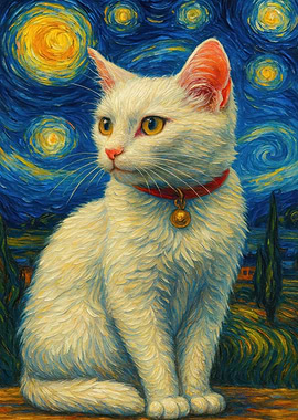 White Cat in Starry Night Style