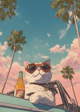 Cool Cat in Convertible with Beer
