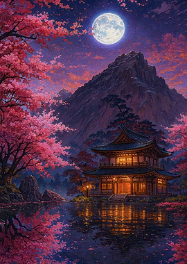 Japanese Temple Under Moonlight