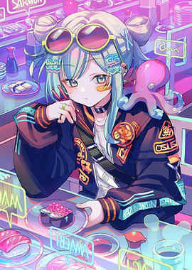 Anime Girl at Sushi Conveyor Belt
