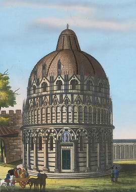 Pisa Baptistery illustration with figures, juan gris painting