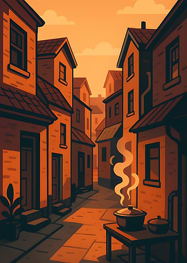 Orange Hued Alleyway with Cooking Scene
