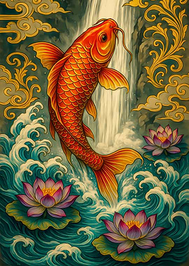 Koi Fish Waterfall Lotus Pond Art