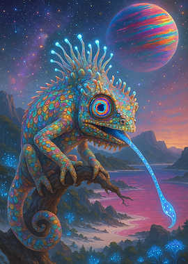 Psychedelic Chameleon in a Fantasy Landscape