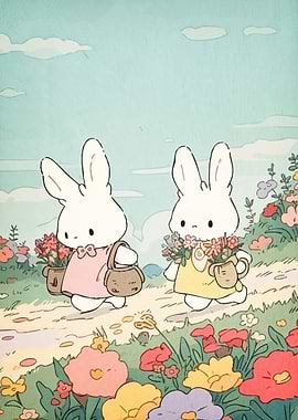 Bunnies Walking Through Flower