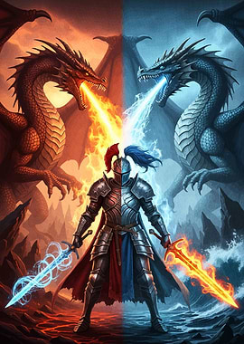 Knight between Fire Ice Dragons