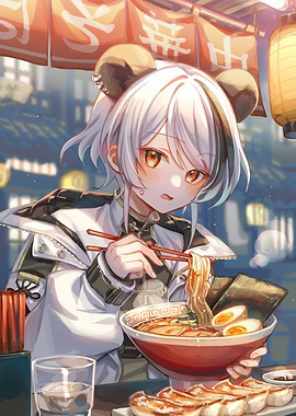 Anime Girl Eating Ramen at Night