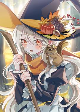 Anime Witch with Squirrel and Autumn Decor