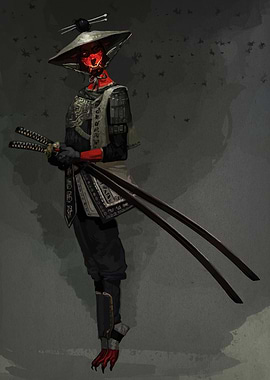 Red-faced Samurai with Swords