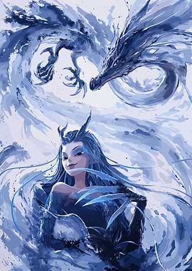 Dragon and Woman in Blue Tones