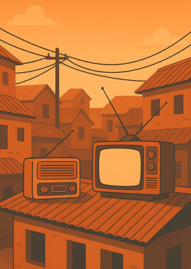 Retro Electronics on Rooftop Illustration