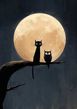 Cat and Owl Under the Moon