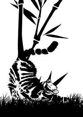 Black and White Cat with Bamboo