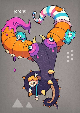 Cartoon Monster with Boy and Bears