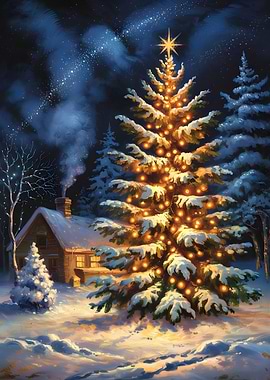 Christmas Tree and Cabin in Winter