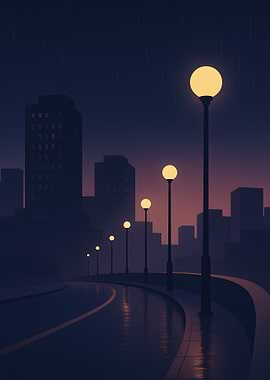 Rainy Cityscape at Night with Streetlights
