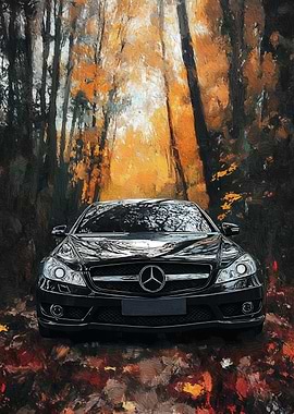 Black Mercedes in Autumn Forest Painting