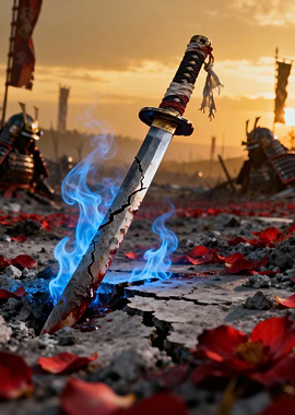 Broken Katana in Battlefield with Blue Flames