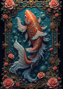 Ornate Koi Fish with Floral Frame
